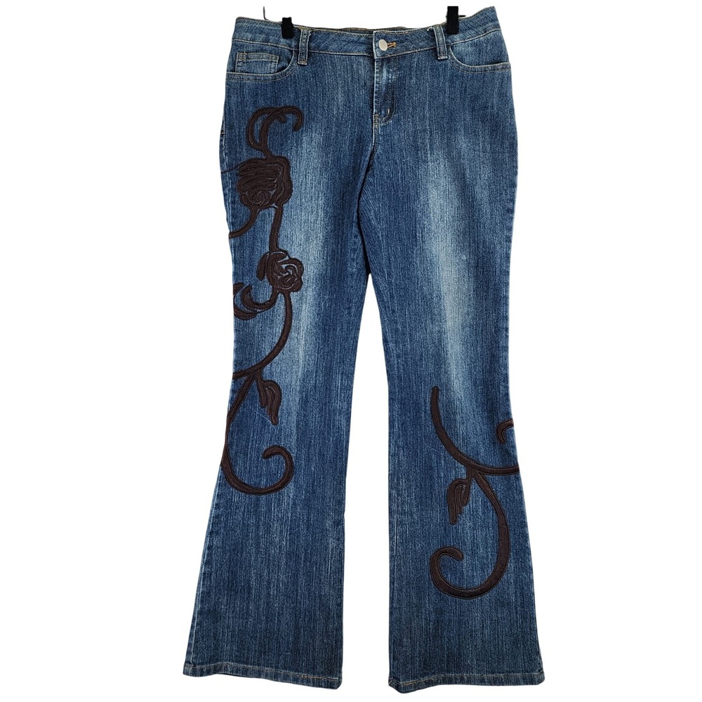 Boston Proper‎ Embroidered Floral Flare Jeans Womens 6 Blue Boho Western
